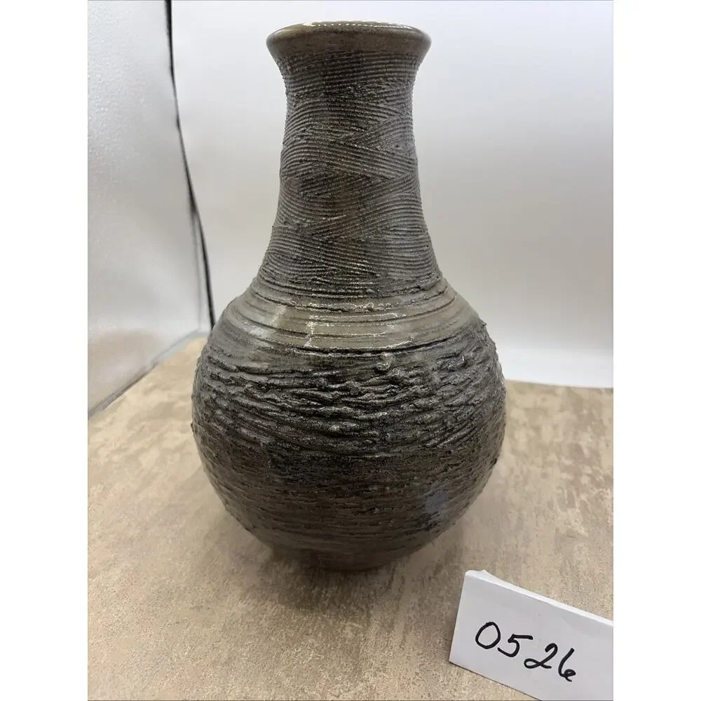 Handcrafted Studio Pottery case W/Metallic Grey Glaze & Textured Ribbed Signed